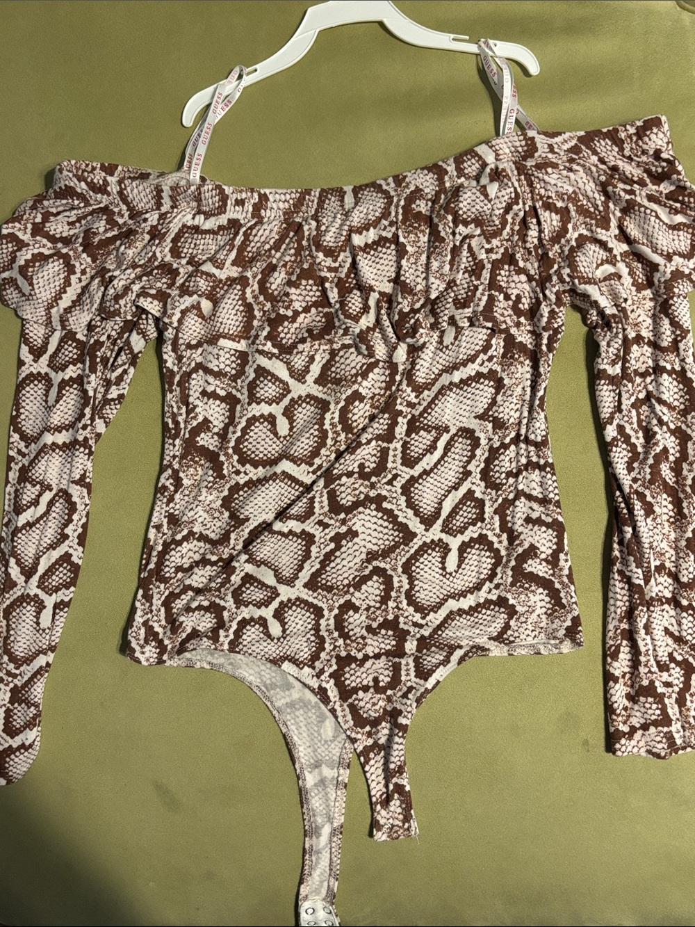 Guess Off-Shoulder Snake Print One-Piece Bodysuit